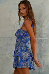 Floral Print Spaghetti Strap Slim Fit Tiered Ruffled Mini Dresses-Blue